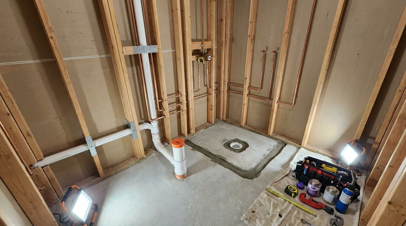 Bathroom rough-in plumbing during remodel by Johns Plumbing LLC in Lockport