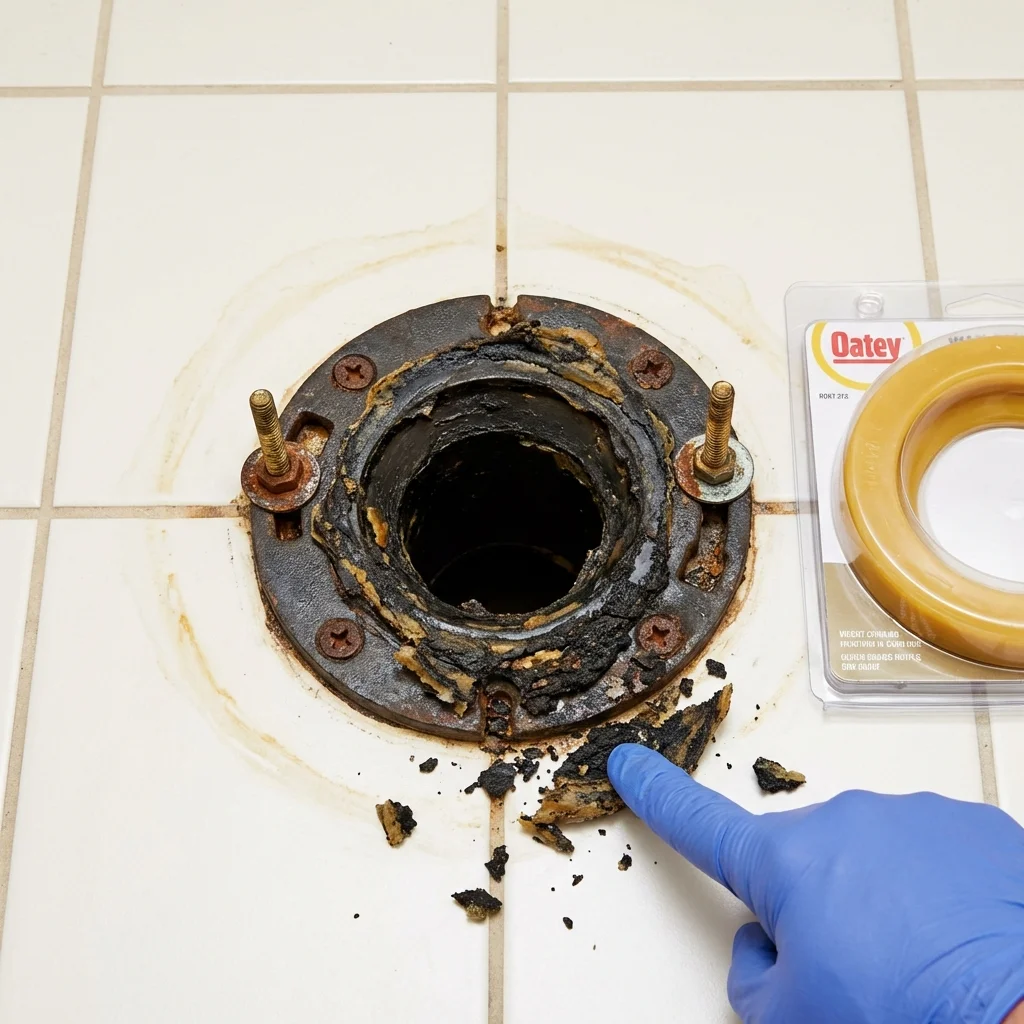Failed wax ring showing water seepage at the base of a toilet in a Lockport, NY home