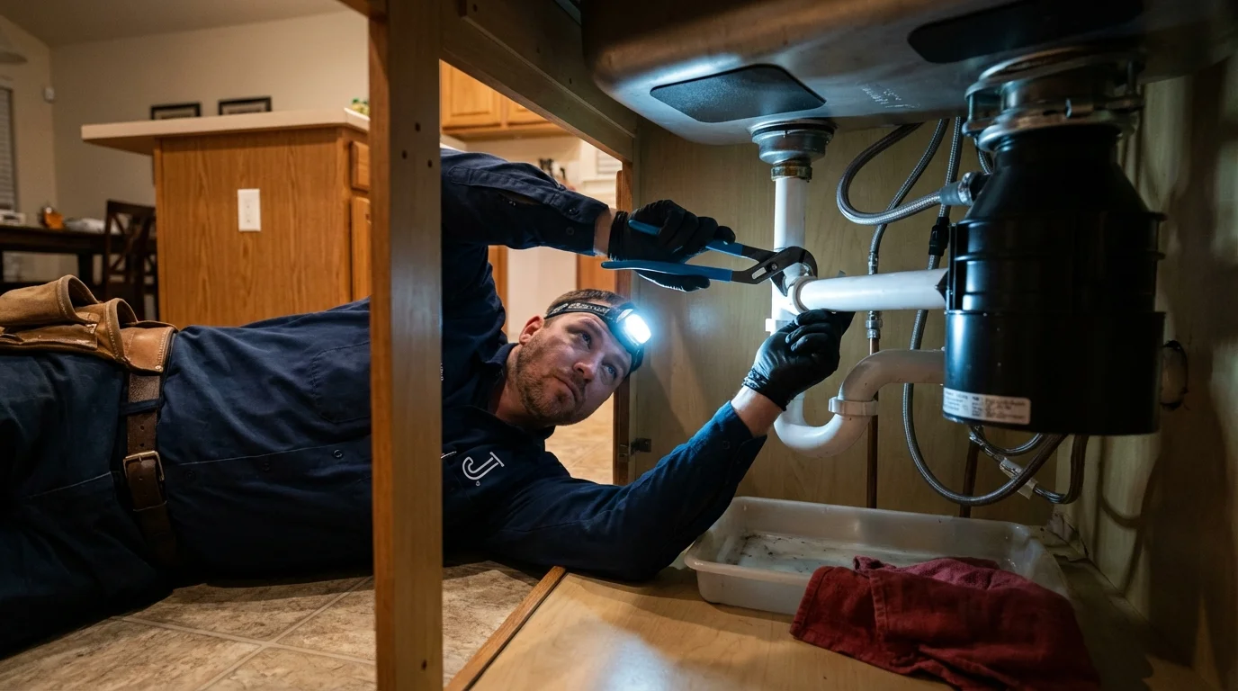 P-trap and supply line connections under a kitchen sink showing a common leak point in Lockport, NY